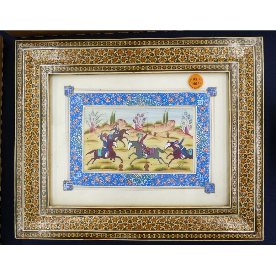 Persian Khatam Inlay Framed Miniature Painting 10''x12''