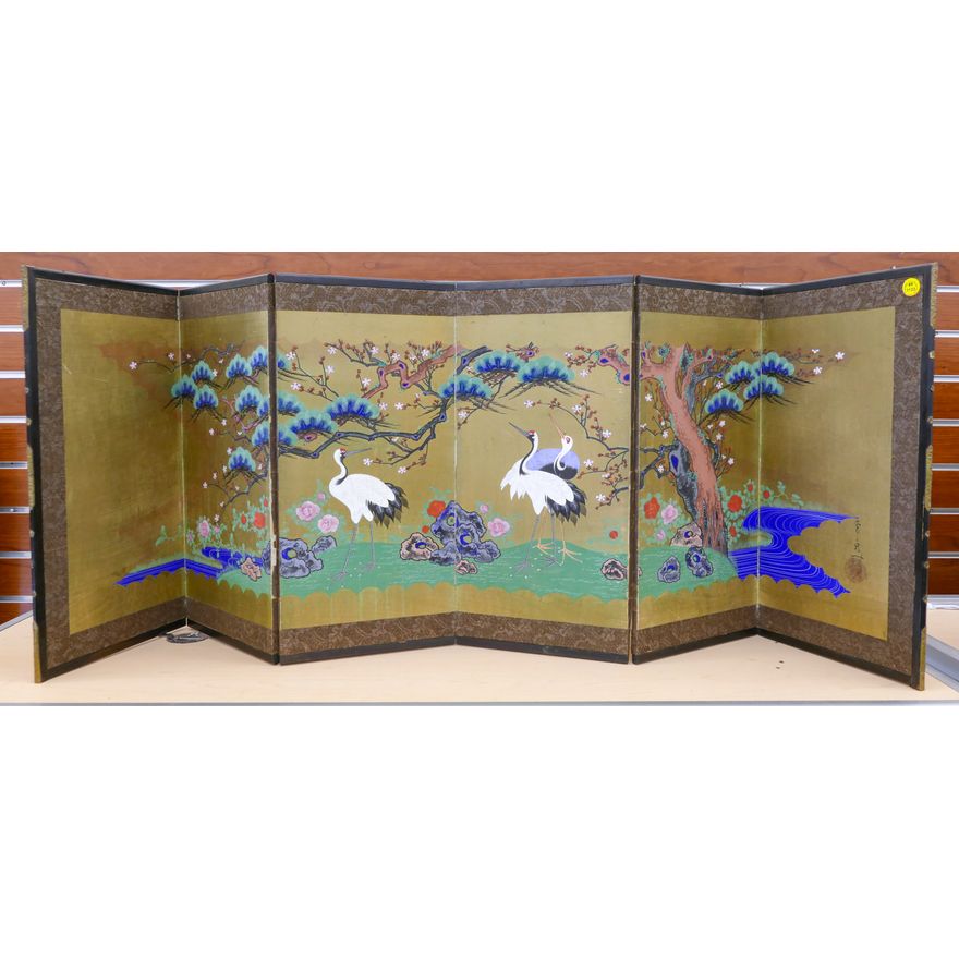 Antique Japanese Cranes Folding Small Screen 18''x53''