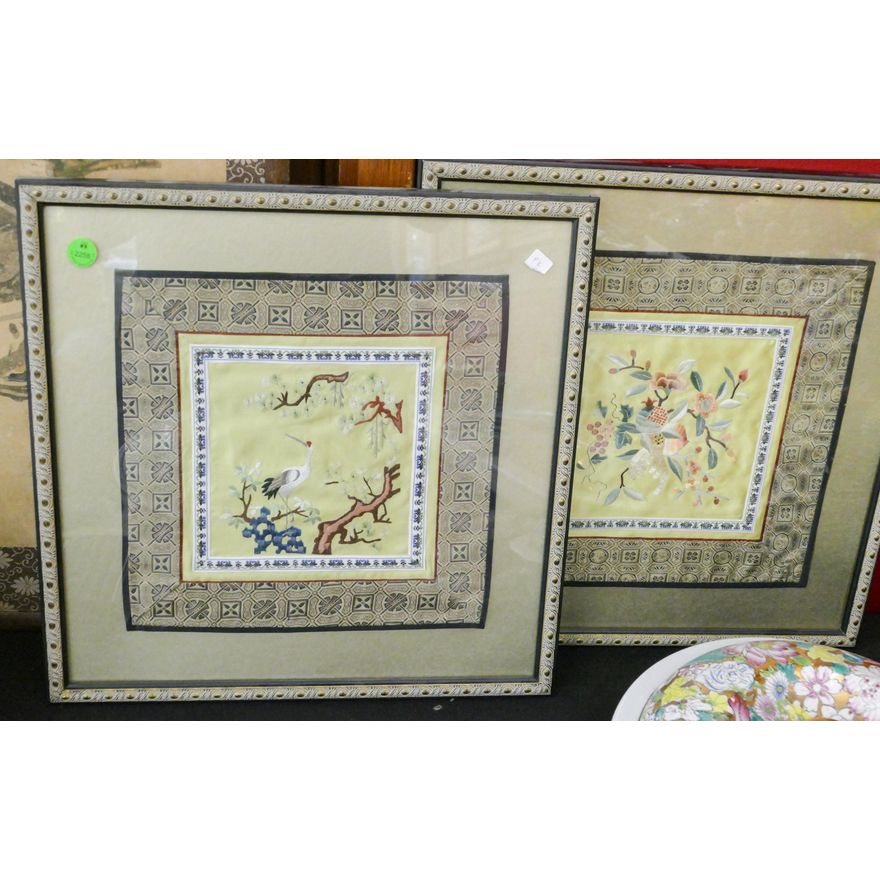 Pair Chinese Silk Embroidered Squares Framed 15''x15''