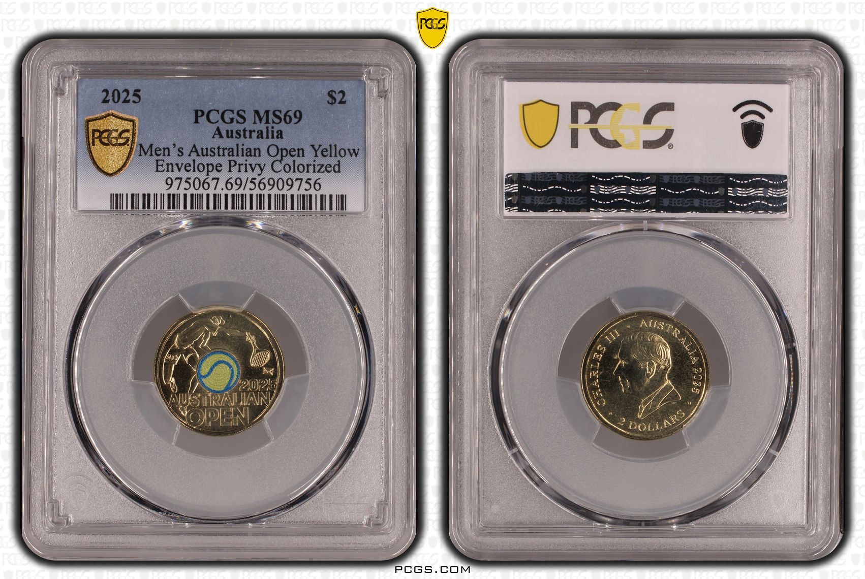 Men's Australian Open Yellow Envelope Privy Colourised, Two Dollar, 2025, PCGS MS69