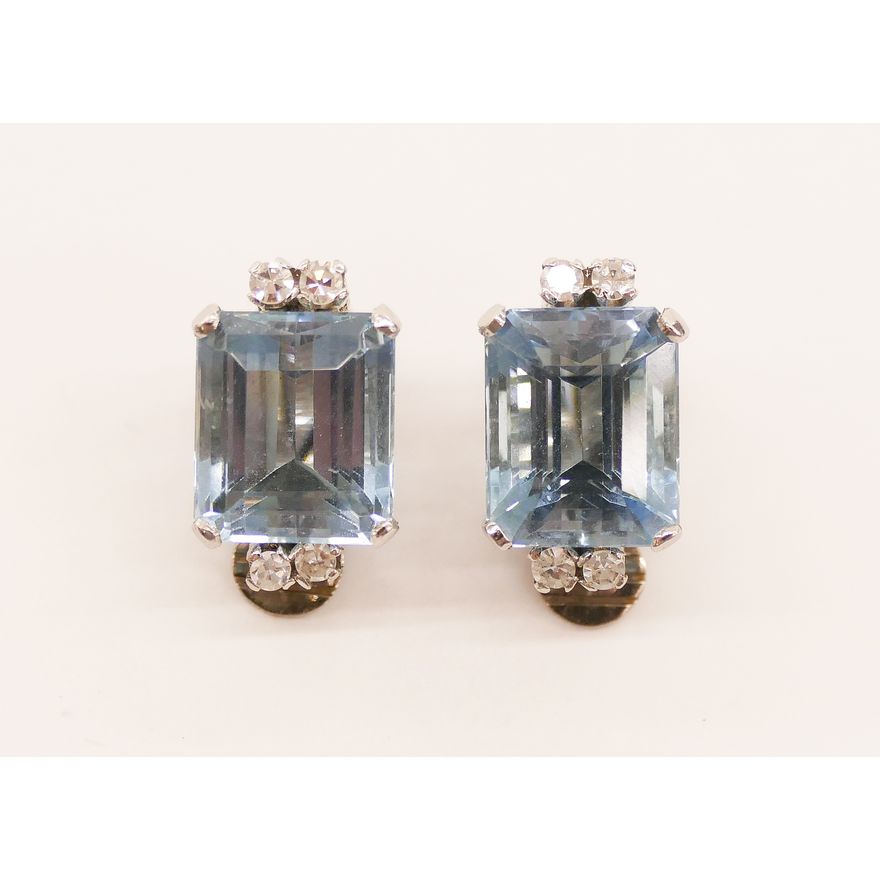 Pair Lady's Aquamarine & Diamond Platinum Earrings