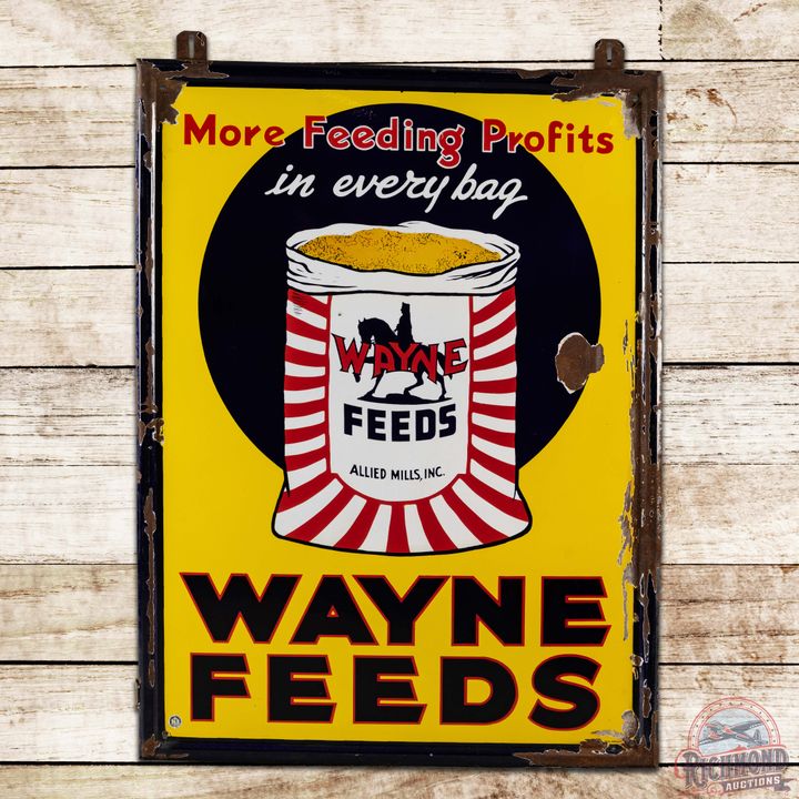 Wayne Feeds "More Feeding Profits" Single Sided Porcelain Sign w/ Bag Logo