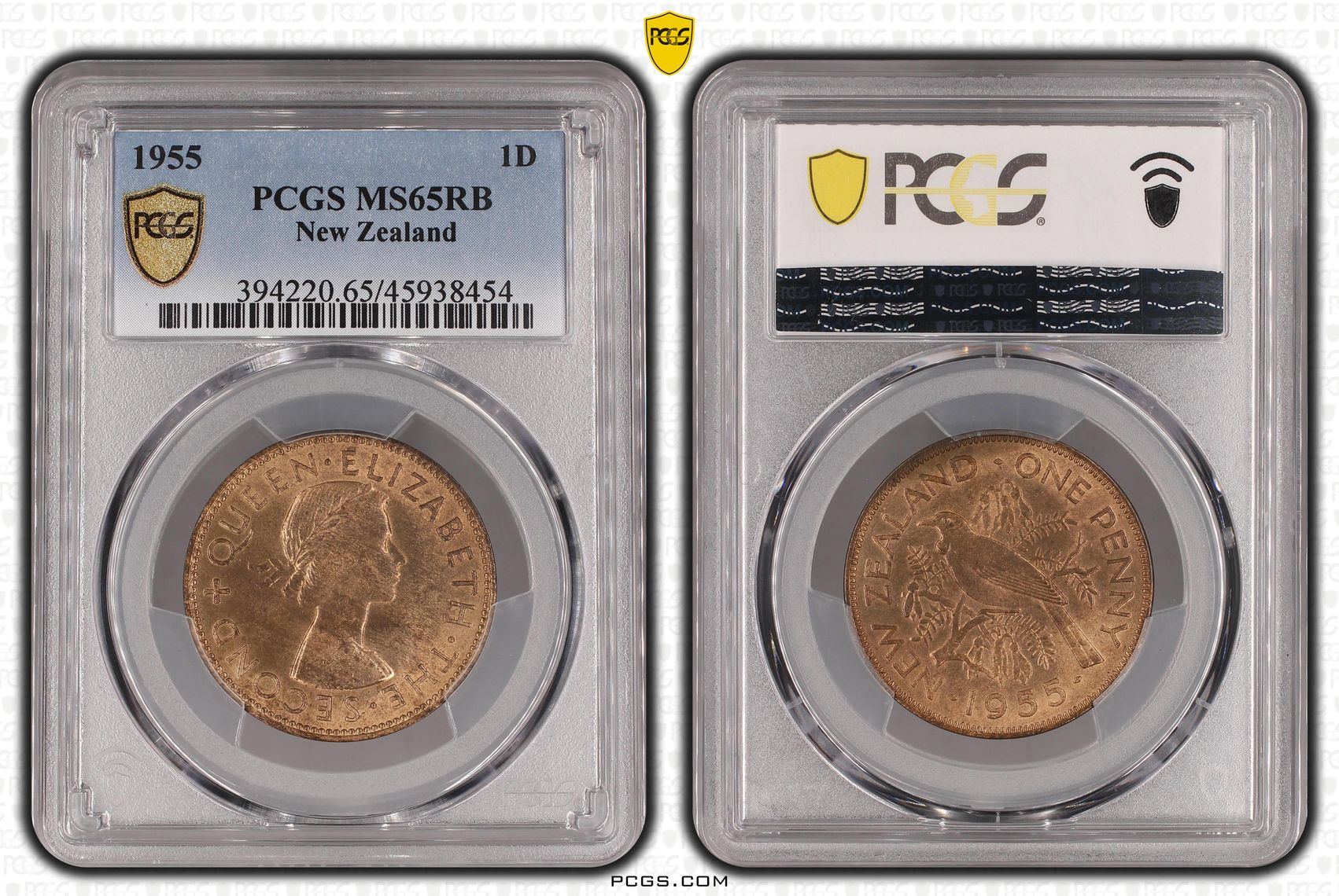1955 New Zealand Penny PCGS - MS65RB POP 3/0 -454