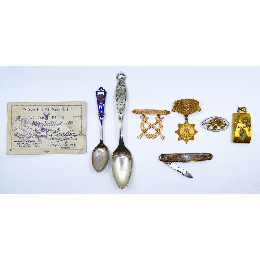 Box Old BPOE Medals and Sterling Spoons