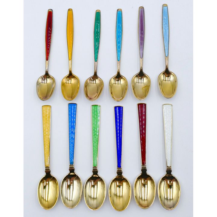 2 Sets Norwegian Enameled Sterling Demi Spoon Sets in Boxes