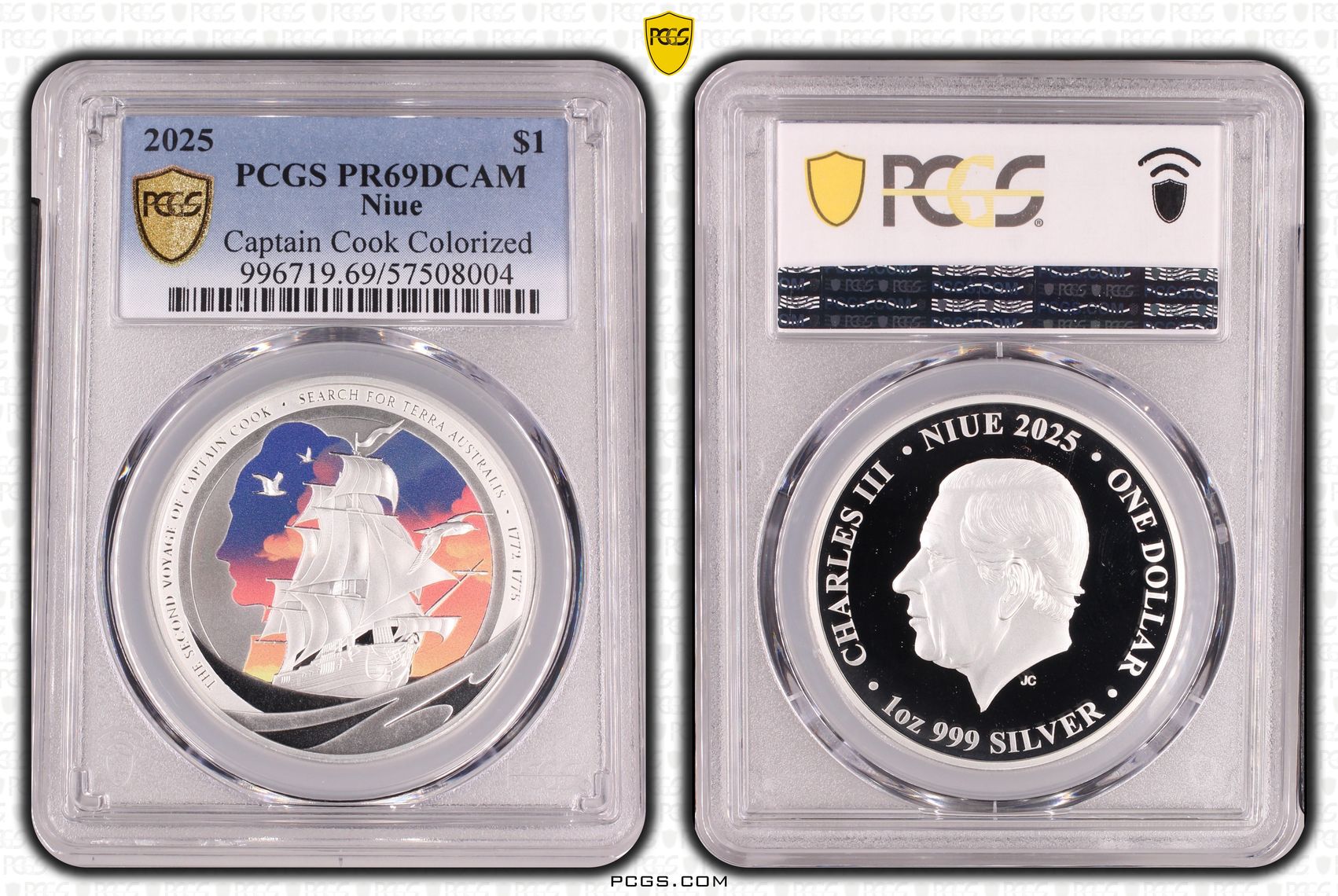 Niue, Charles III, Captain Cook Colourised, One Dollar, 2025, PCGS PR69DCAM