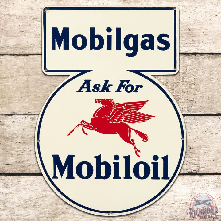 1941 Mobilgas "Ask for Mobiloil" SS Tin Gas Pump Plate Sign