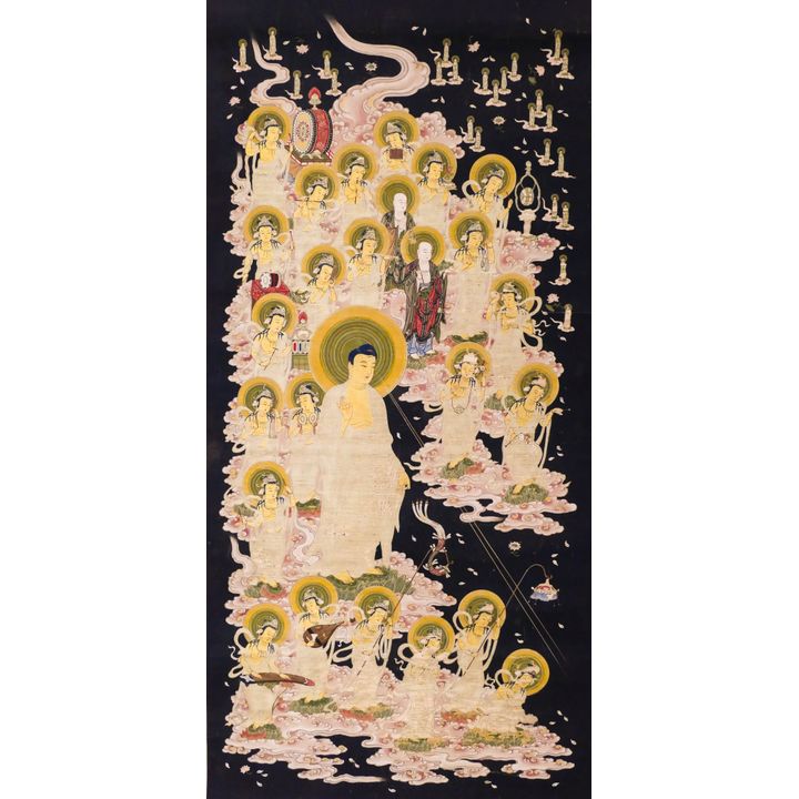 Japanese Edo ''Welcoming Descent of Amida'' Buddhist Scroll Painting