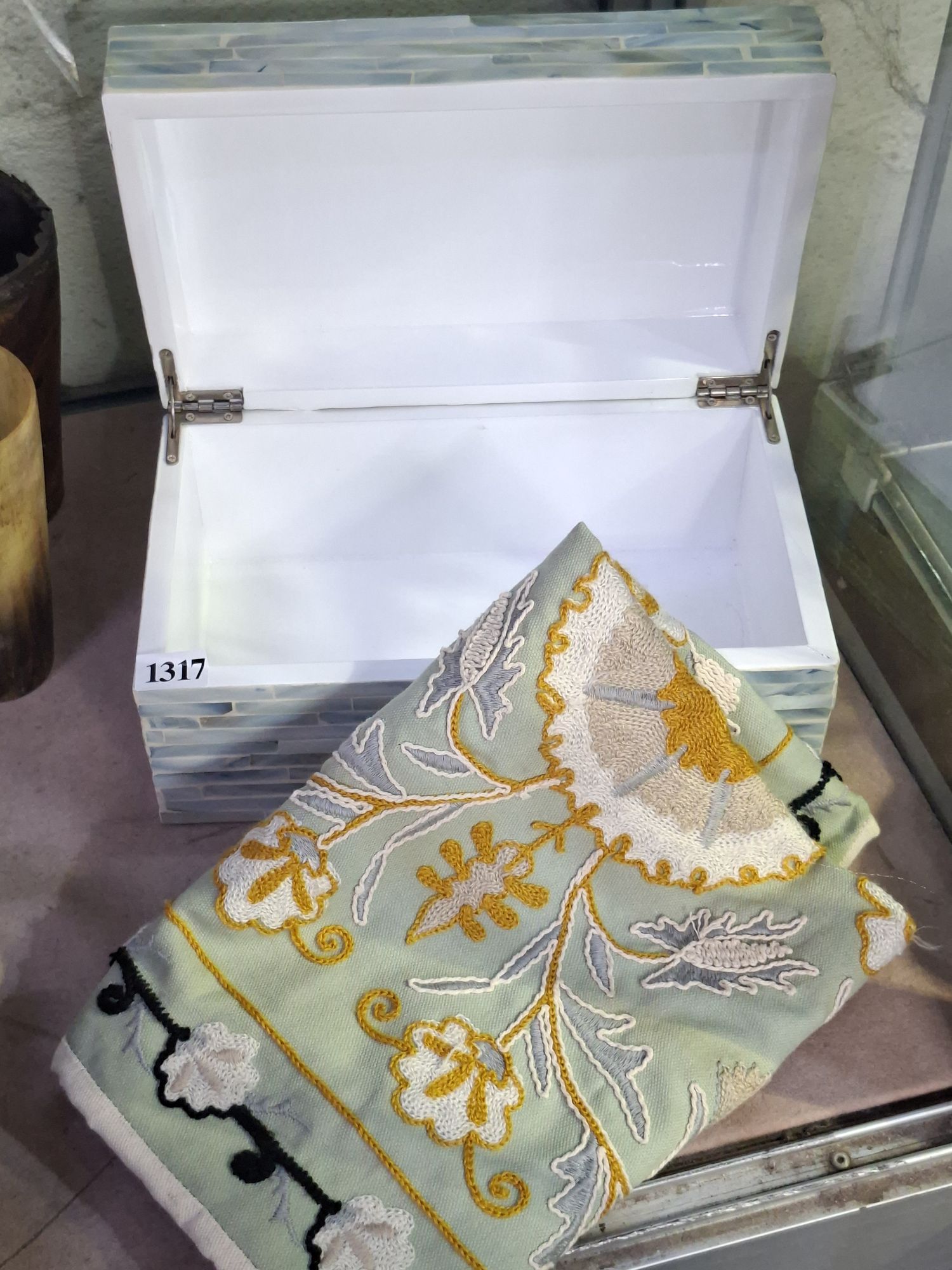 SHELL INLAID CHEST AND CUSHION COVER