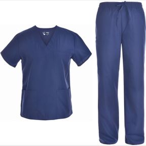Universal Unisex Scrubs Pocket Work Set Drawstring Set Medical V Neck Pants Navy blue M |