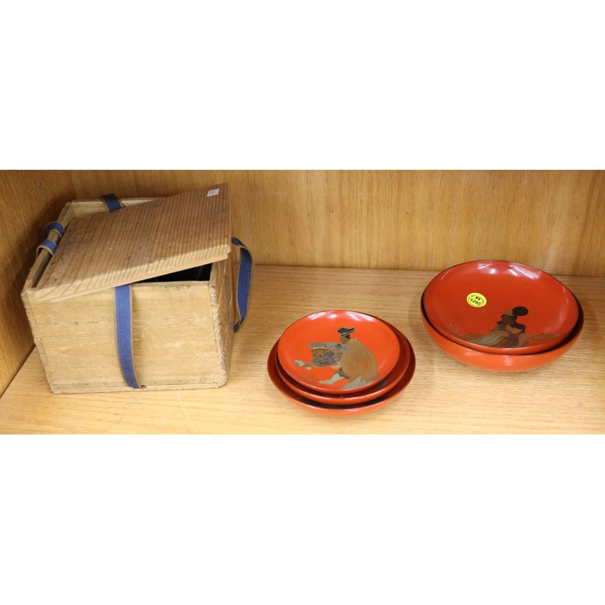 Antique Japanese Lacquered Sake Cup Set 6'' Largest in Tomobako