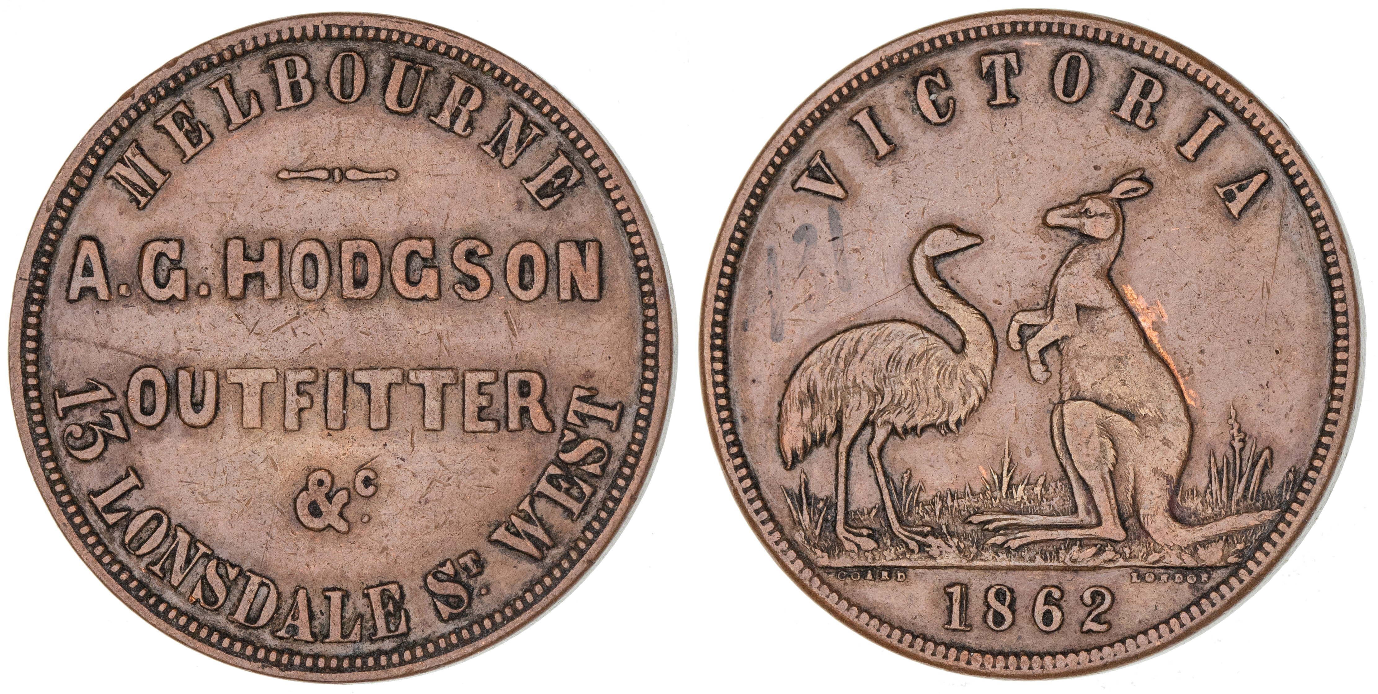 A.G. Hodgson, Melbourne, Vic., Penny, 1862, VF