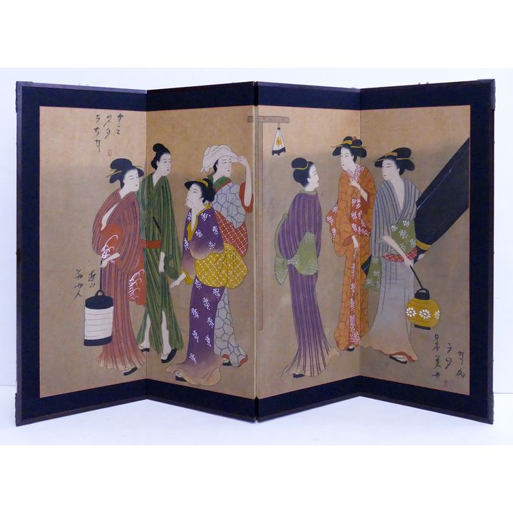 Japanese Painted 4 Panel Screen- Geisha Girls- 36x54''