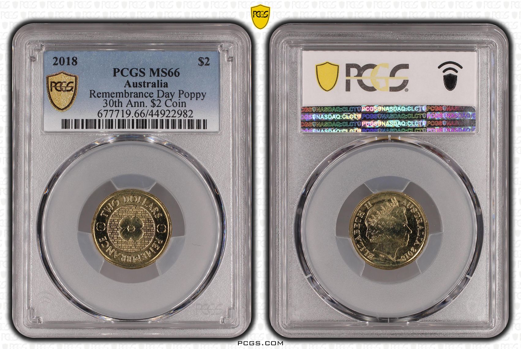 294 · 2018 Australia Two Dollar, $2 Remembrance Day Poppy 30th Ann. $2 Coin PCGS - MS66 -982
