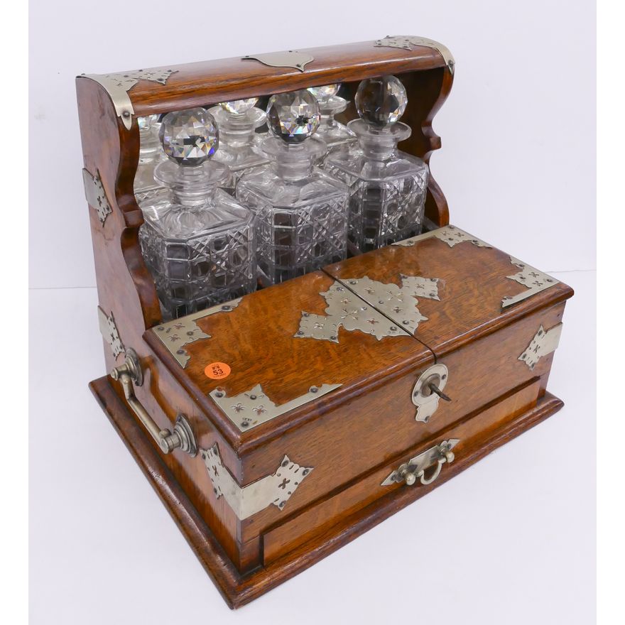 Antique English Oak Tantalus Decanter Set- 13x19x11''- originally cost $1,500