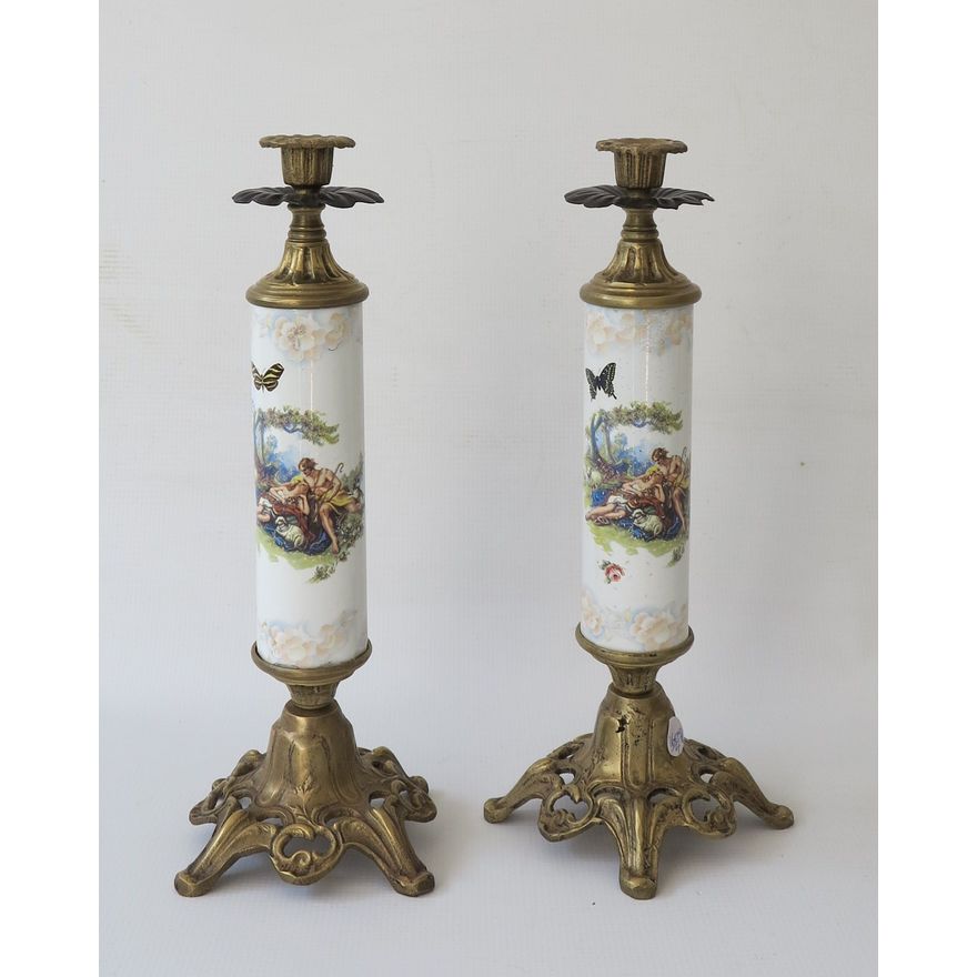 PAIR OF BRASS AND PORCELAIN CANDLESTICKS