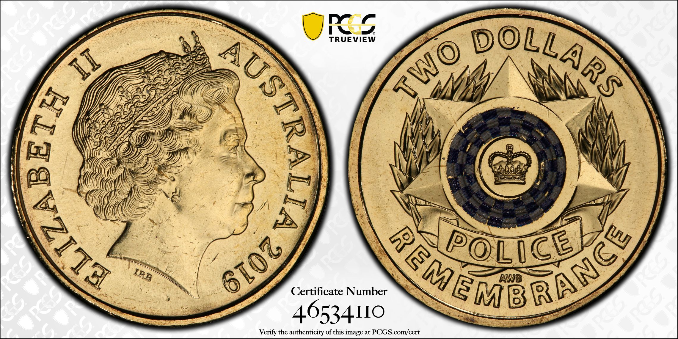 Elizabeth II, Police Remembrance Colorized , Two Dollar, 2019, PCGS MS65