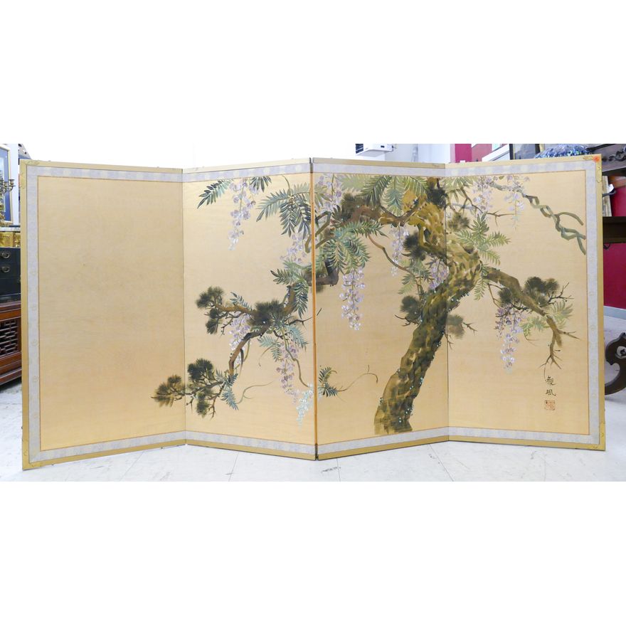 Vintage Japanese Pine Tree Painted 4 Panel Screen - 36x72''
