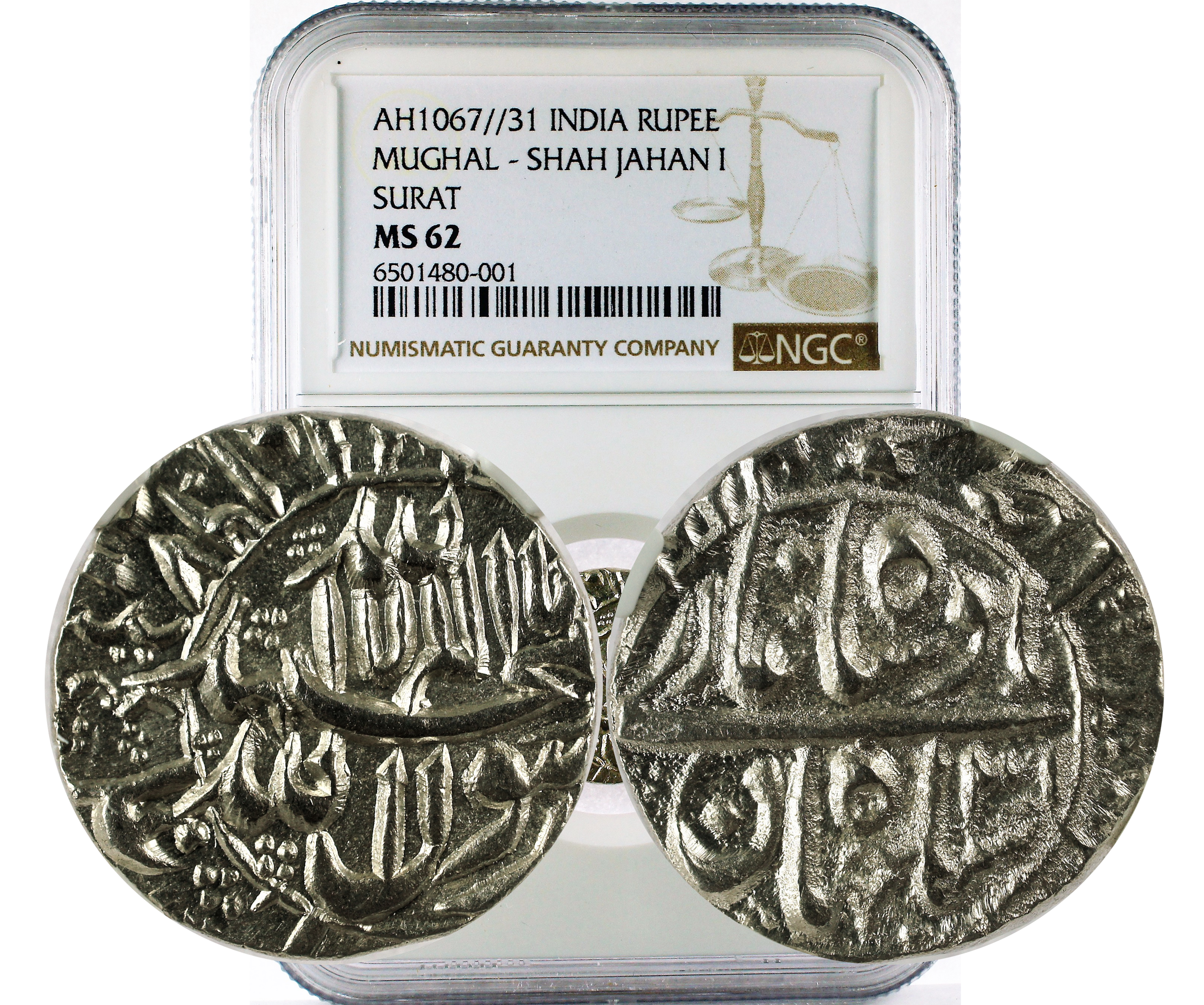 AH1067//31 INDIA MUGHAL - SHAH JAHAN I SURAT RUPEE MS 62