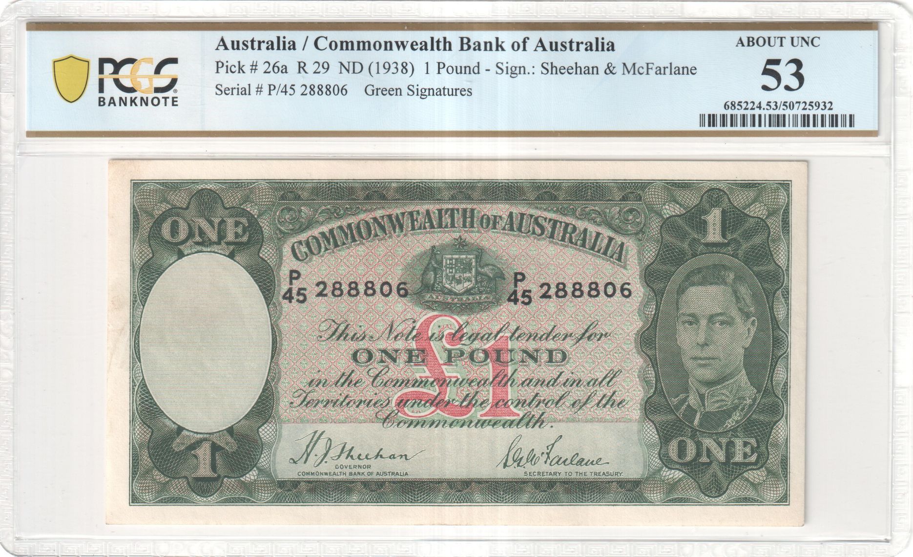 One Pound, 1938, PCGS About UNC 53