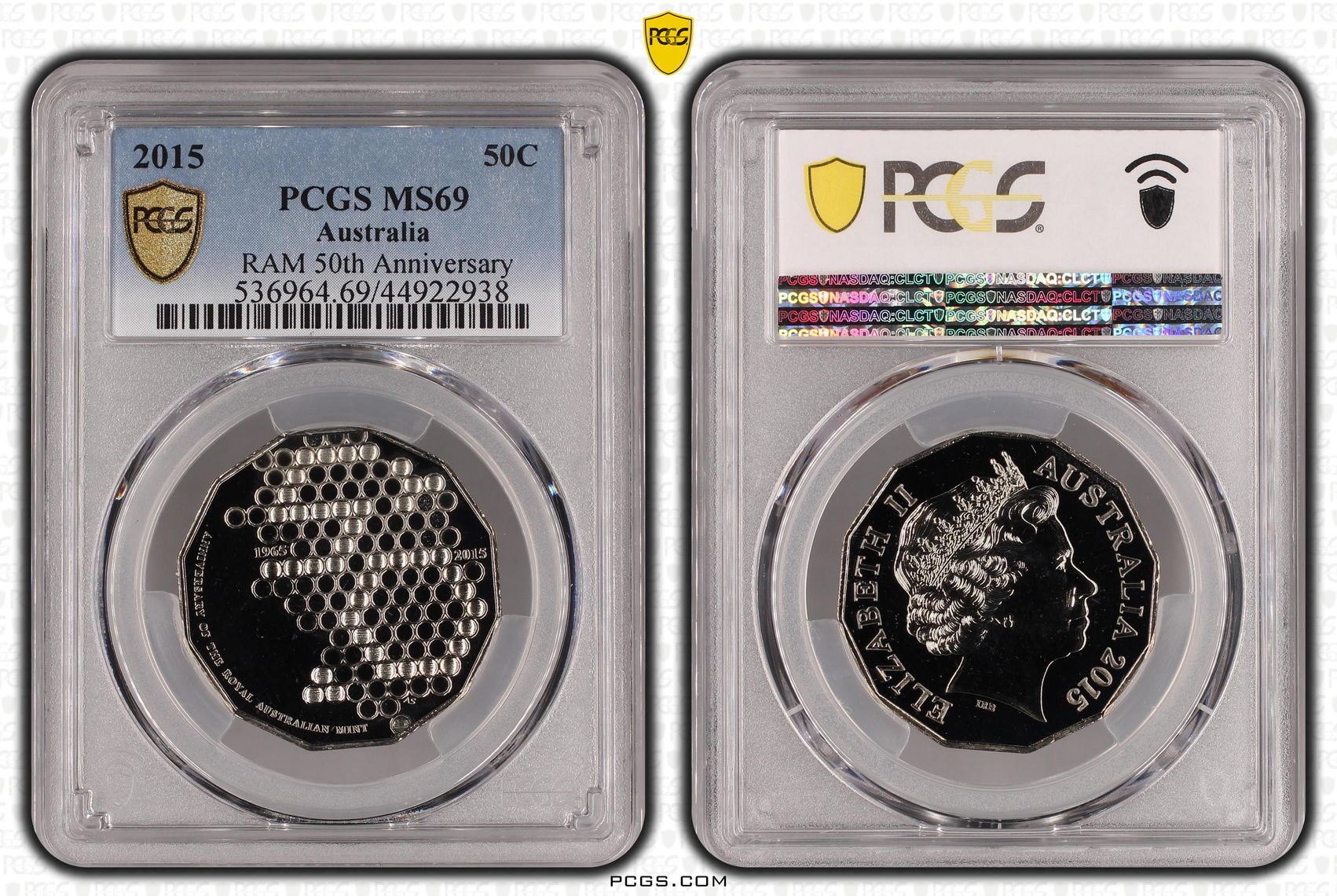 124 · 2015 Australia Fifty Cent, 50c RAM 50th Anniversary PCGS - MS69 POP 19/0 -938