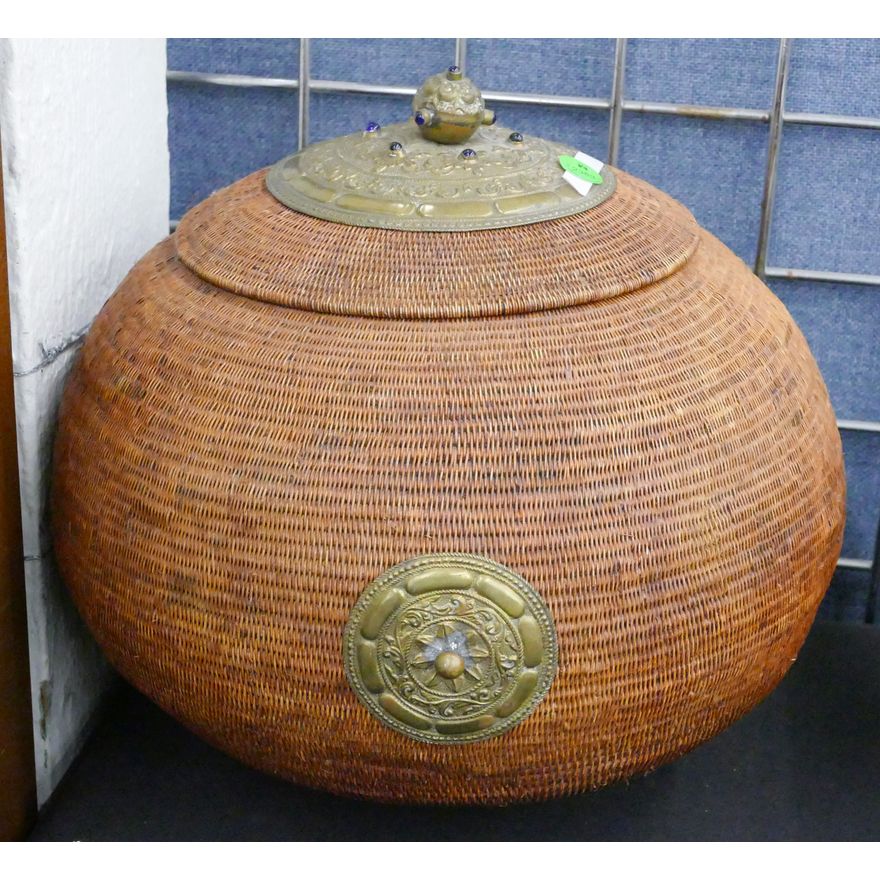 Burmese Woven Covered Basket with Metal Mounts 15'' Wide