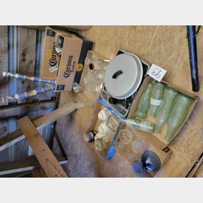 5 Boxes of pop bottles, glassware and oven pans