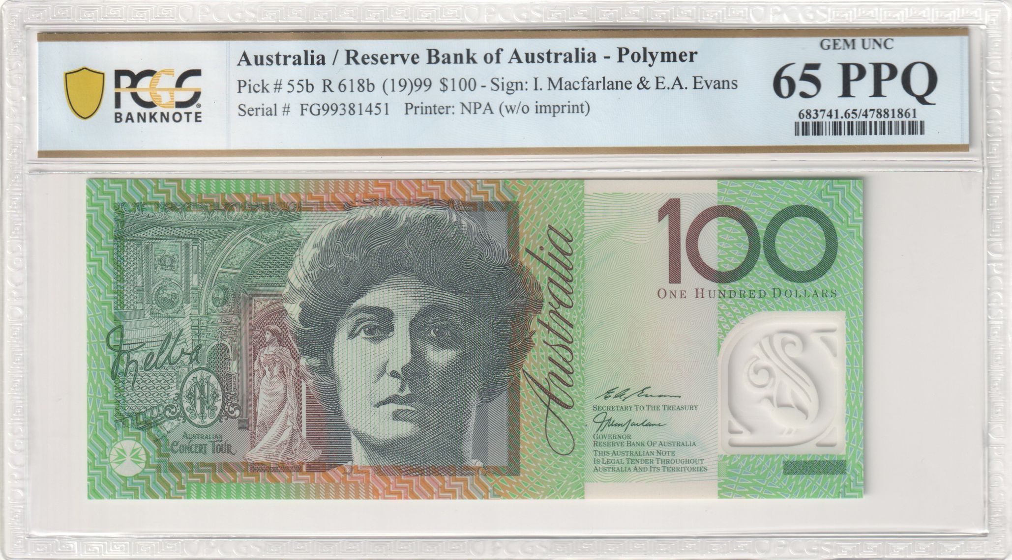 Macfarlane/ Evans, Hundred Dollar, 1999, PCGS Gem UNC 65 PPQ