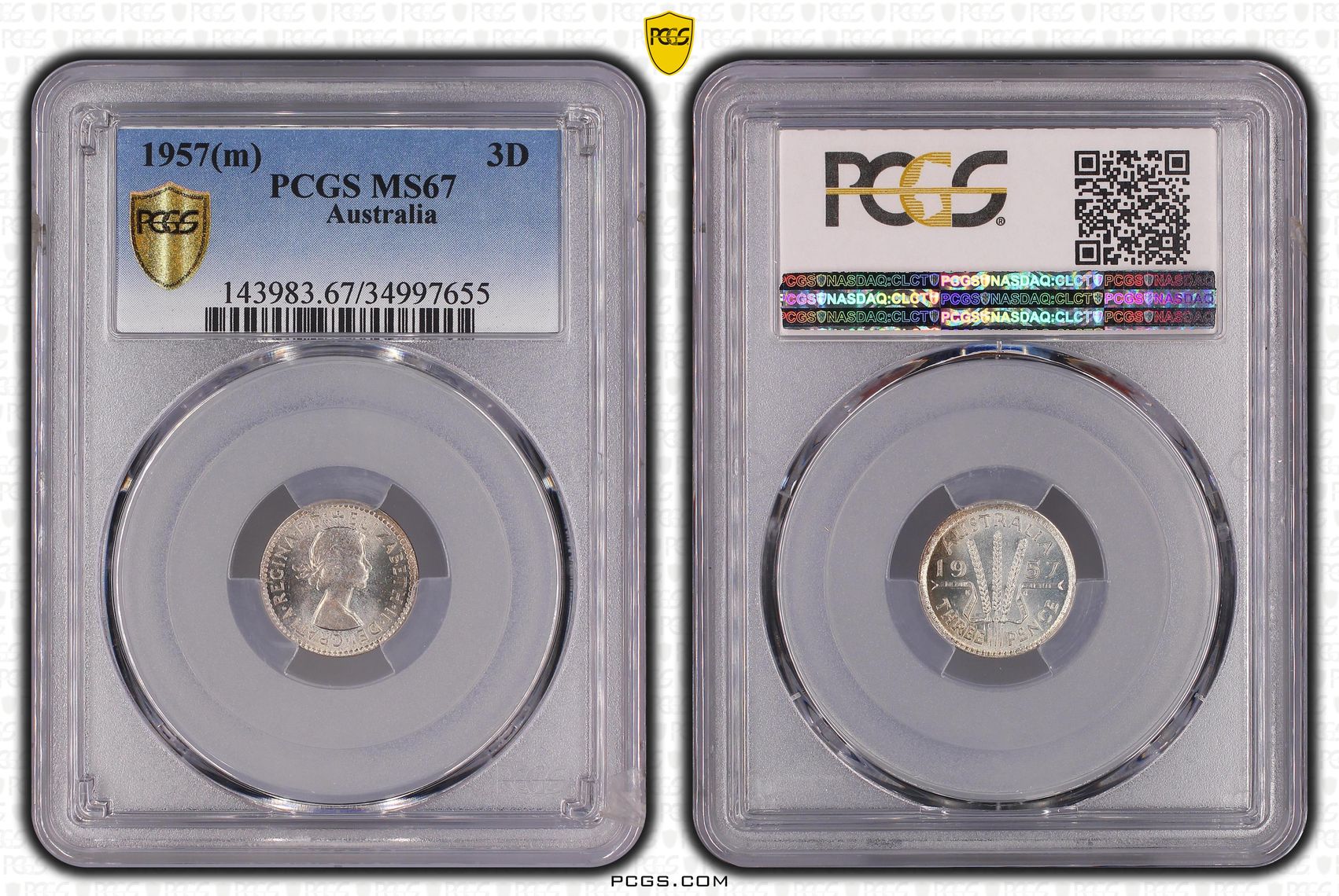 Elizabeth II, Threepence, 1957, PCGS MS67