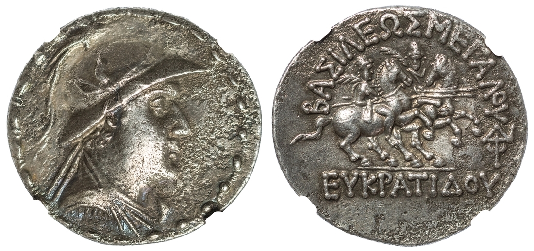 NGC Ch XF | Kingdom of Baktria, Eukratides I Megas (c. 170-145 BC), AR ...