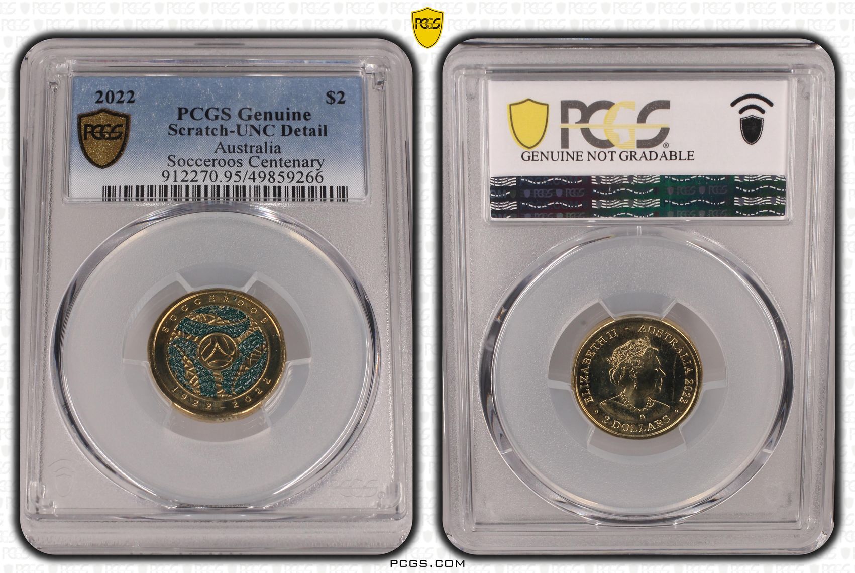 Elizabeth II, Socceroos Centenary, Two Dollar, 2022, PCGS Genuine - UNC Details (95 - Scratch)