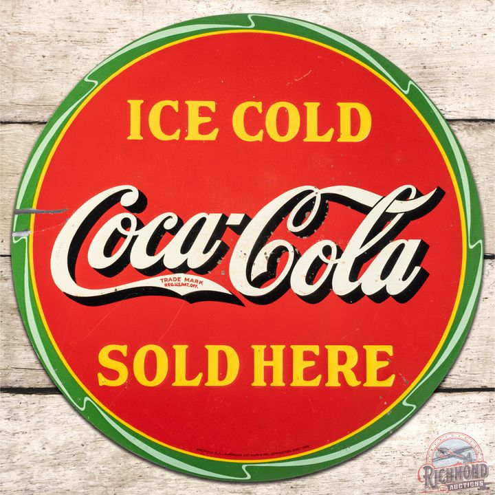 1932 Ice Cold Coca Cola Sold Here "Watermelon" Embossed SS Tin Sign