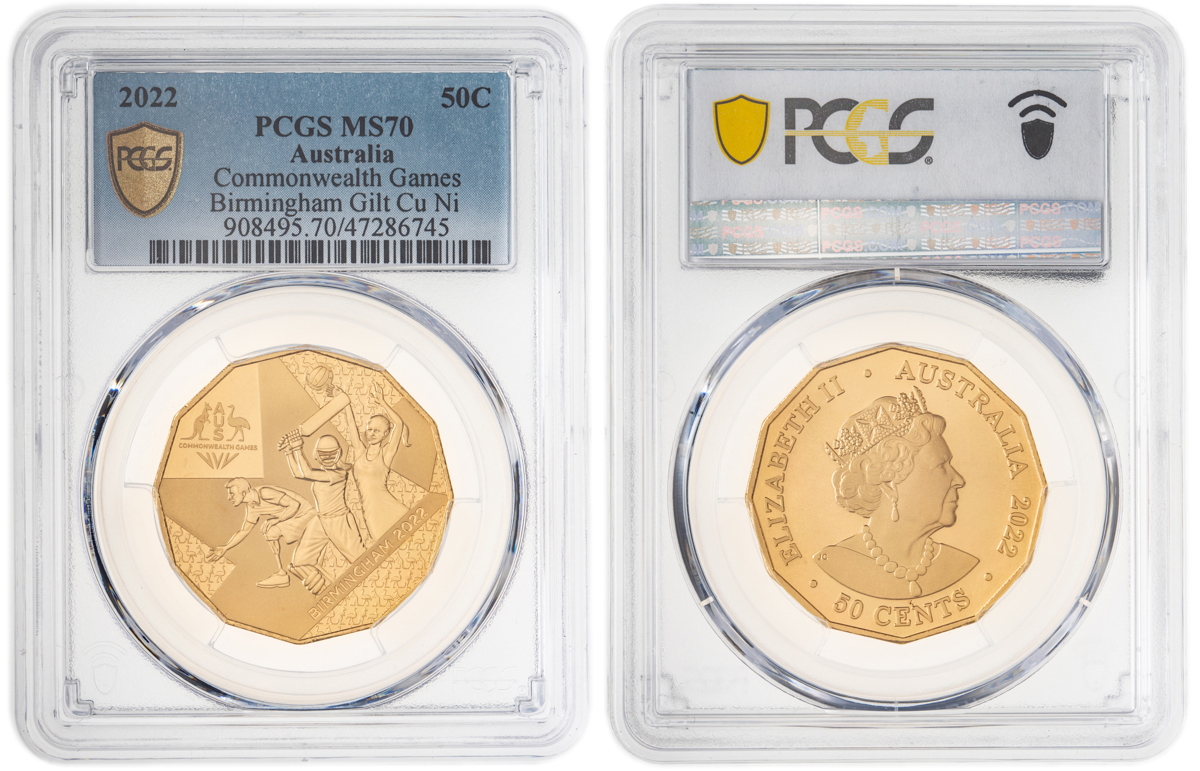 288 · Elizabeth II, Commonwealth Games, Pop 22/0, Fifty Cent, 2022, PCGS MS70