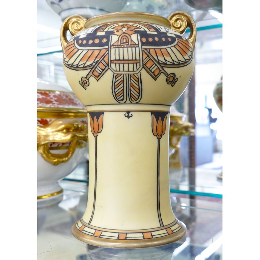 Nippon Art Deco Egyptian Revival Handled Vase 7.5''