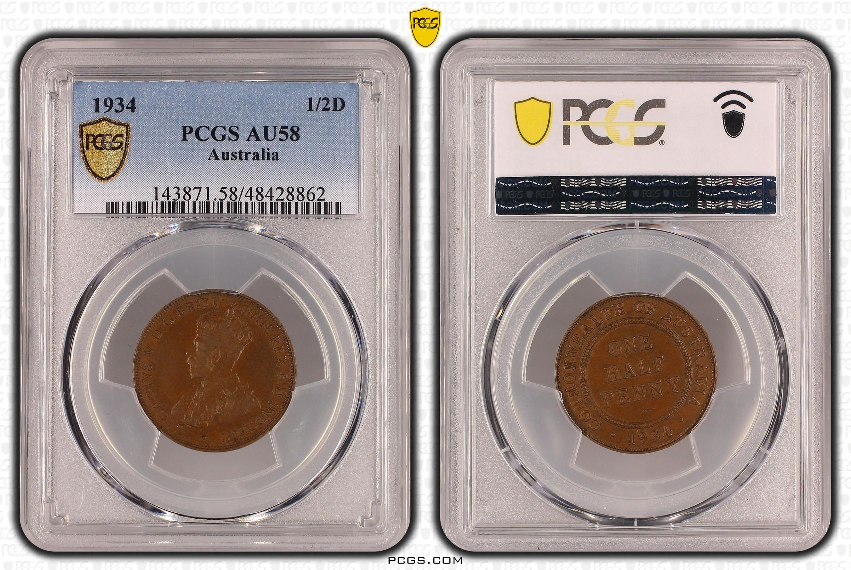 Halfpenny, 1934, PCGS AU 58BN