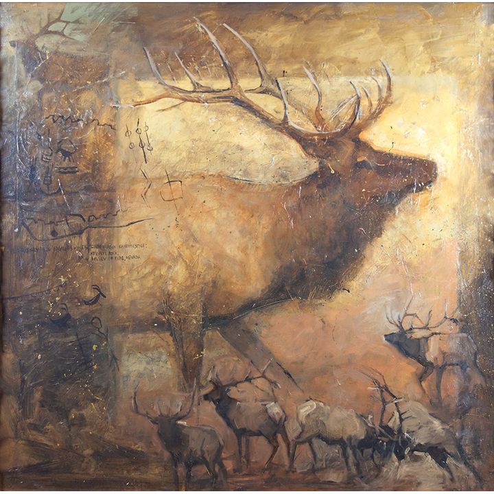 Mary Roberson (1948- ), Bull Elk with Petroglyphs
