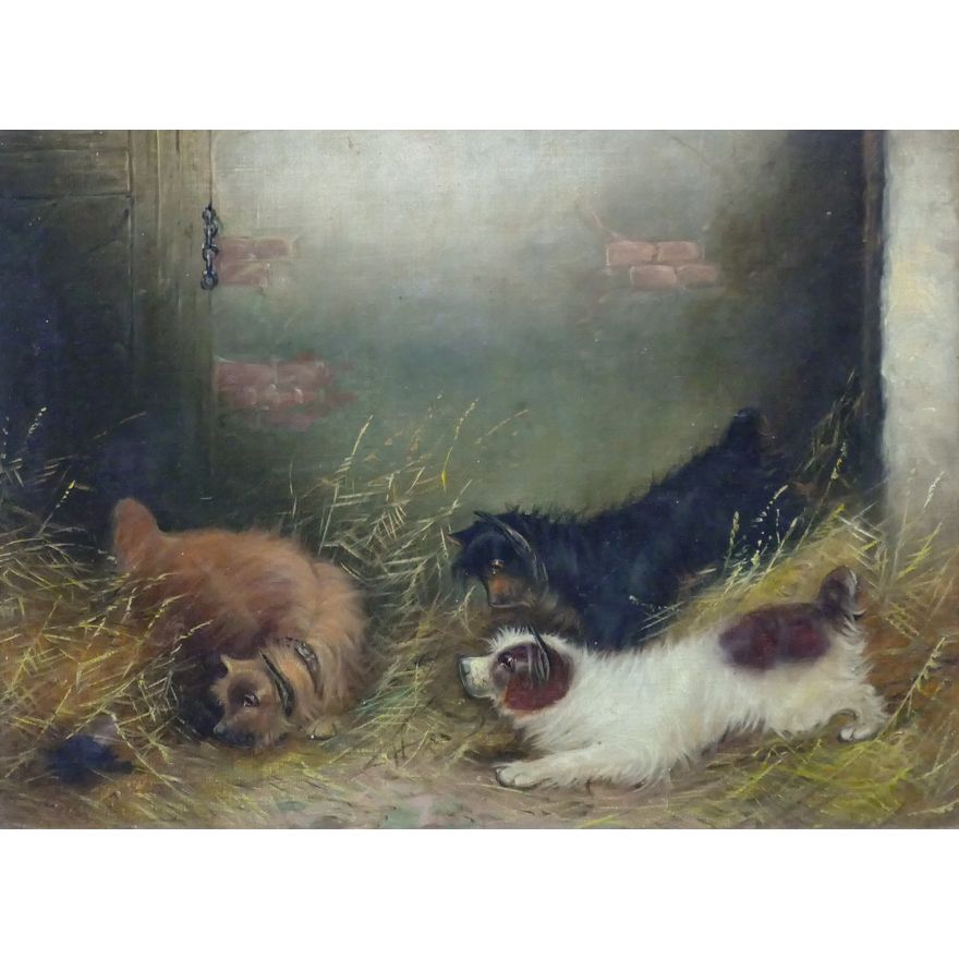 Attributed to Paul Jones (England 1855-1888) Terriers Oil on Canvas Framed- 17x21''