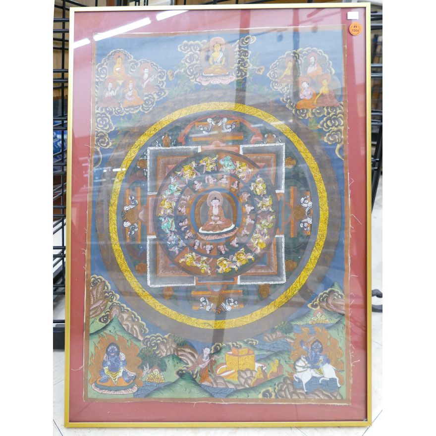 Tibetan Painted Mandala Thangka Framed 24''x18''