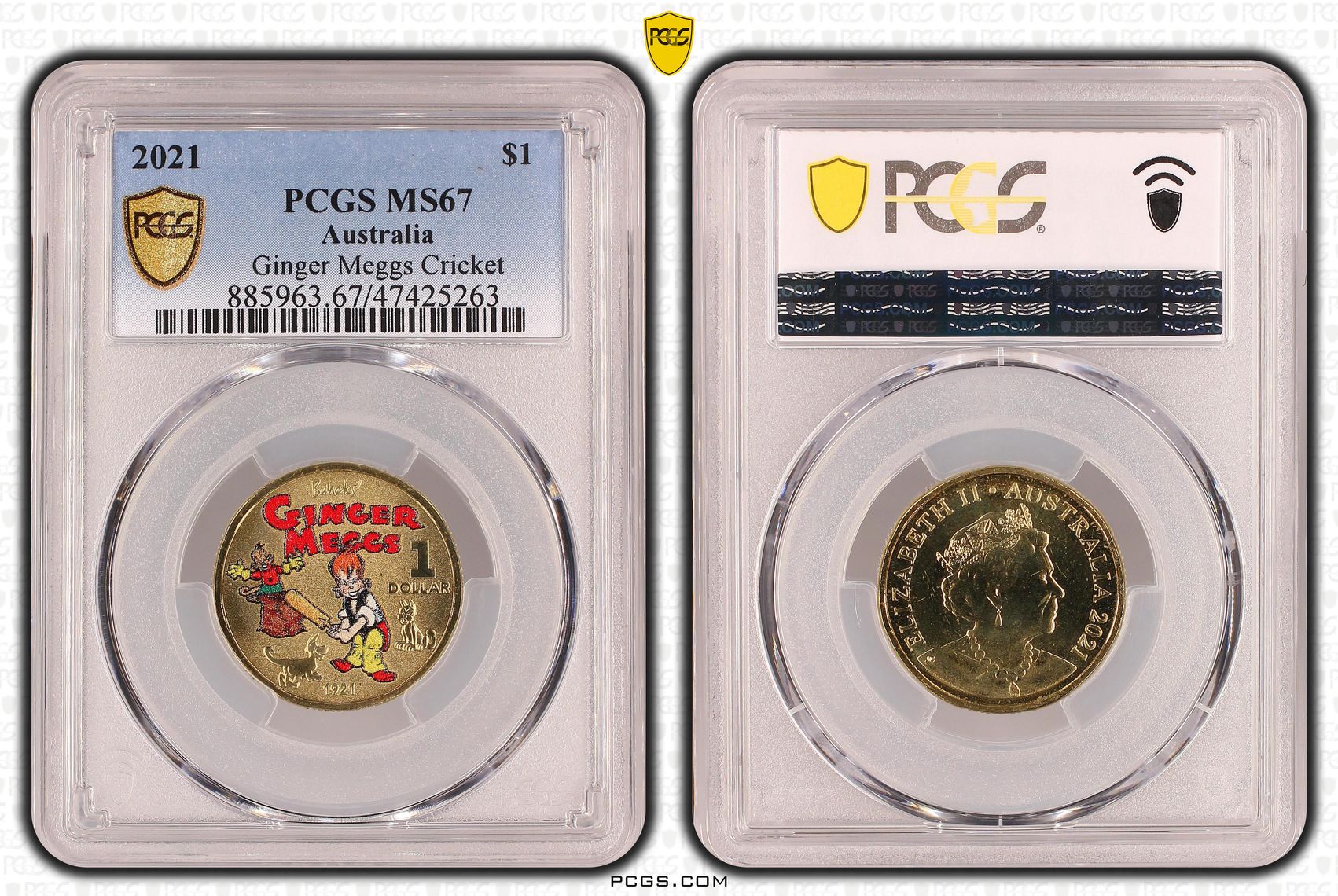 Elizabeth II, Ginger Meggs Cricket, One Dollar, 2021, PCGS MS67