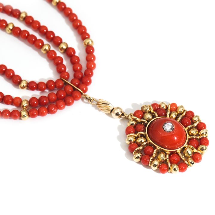 Coral & Diamond Necklace with 16 Carat Gold Beads