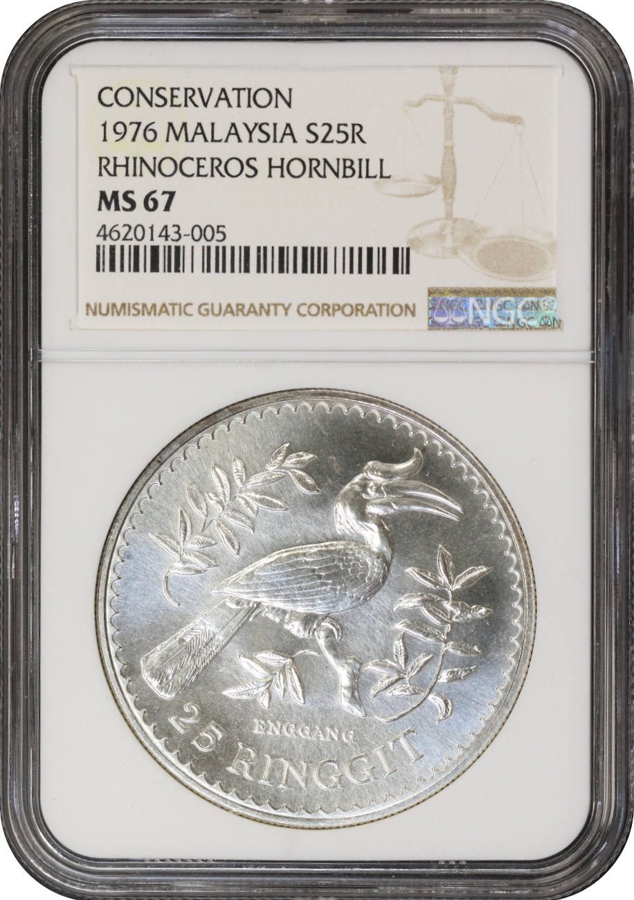 外国、記念硬貨japan,hongkong,malaysia, Malaysia 1976 Conservation Rhinoceros Hornbill 25 Ringgit NGC MS67