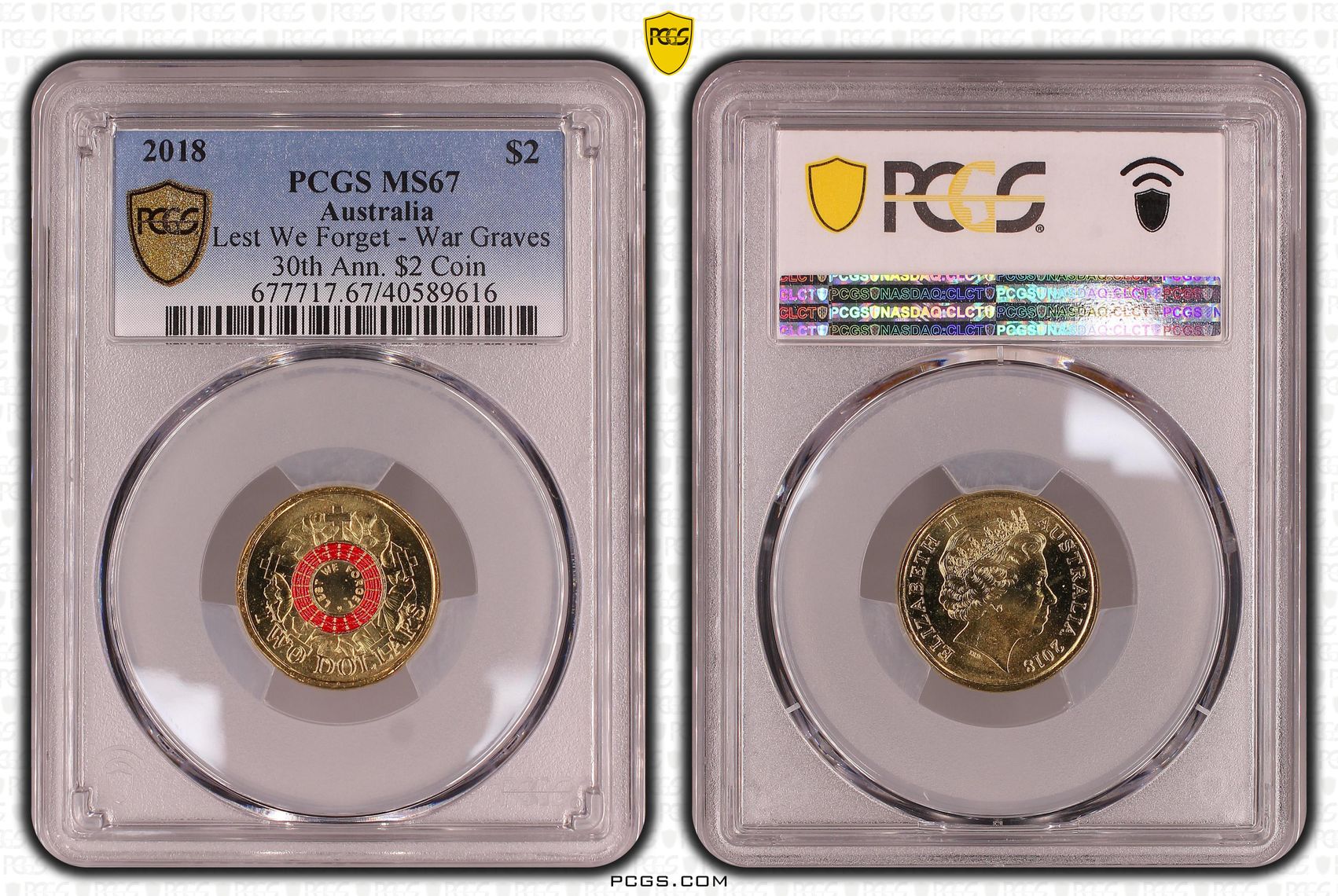Lest We Forget - War Graves 30th Ann. $2 Coin Colourised, Two Dollar, 2018, PCGS MS67