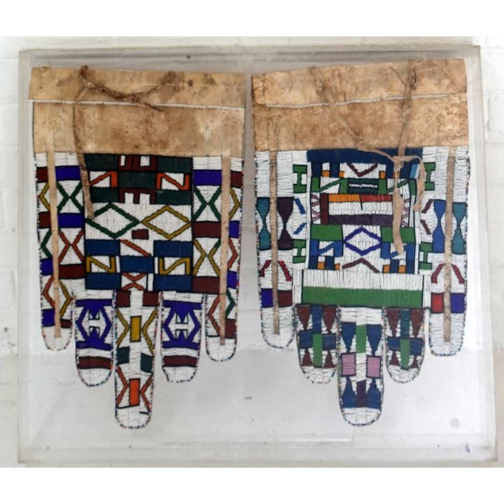 PAIR OF PERSPEX FRAMED NDEBELE BEADED APRONS
