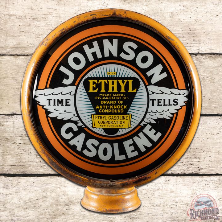 Johnson Time Tells Ethyl Gasolene Complete 15" Gas Pump Globe w/ HP Metal Body