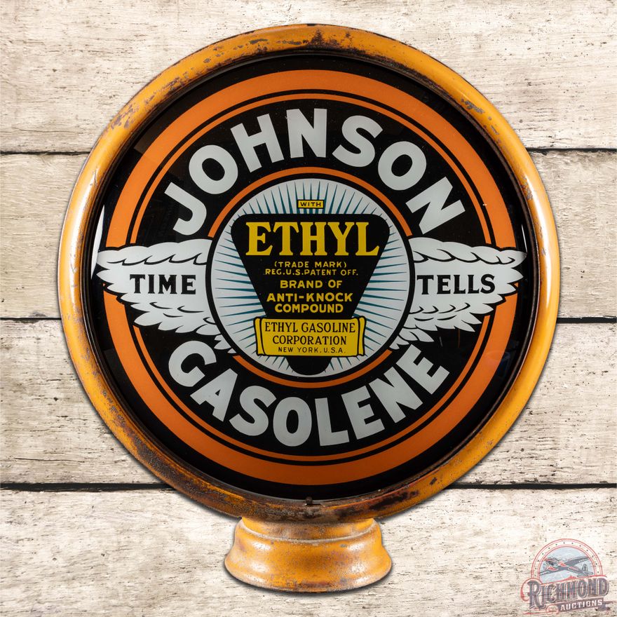 Johnson Time Tells Ethyl Gasolene Complete 15" Gas Pump Globe w/ HP Metal Body