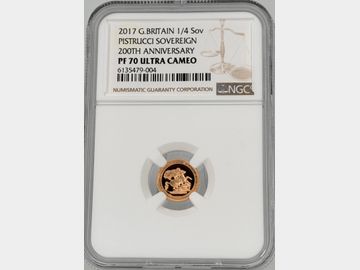 2017 'PISTRUCCI SOVEREIGN 200TH ANNIVERSARY' PROOF GOLD QUARTER SOVEREIGN PF70 UCAM TOP POP!
