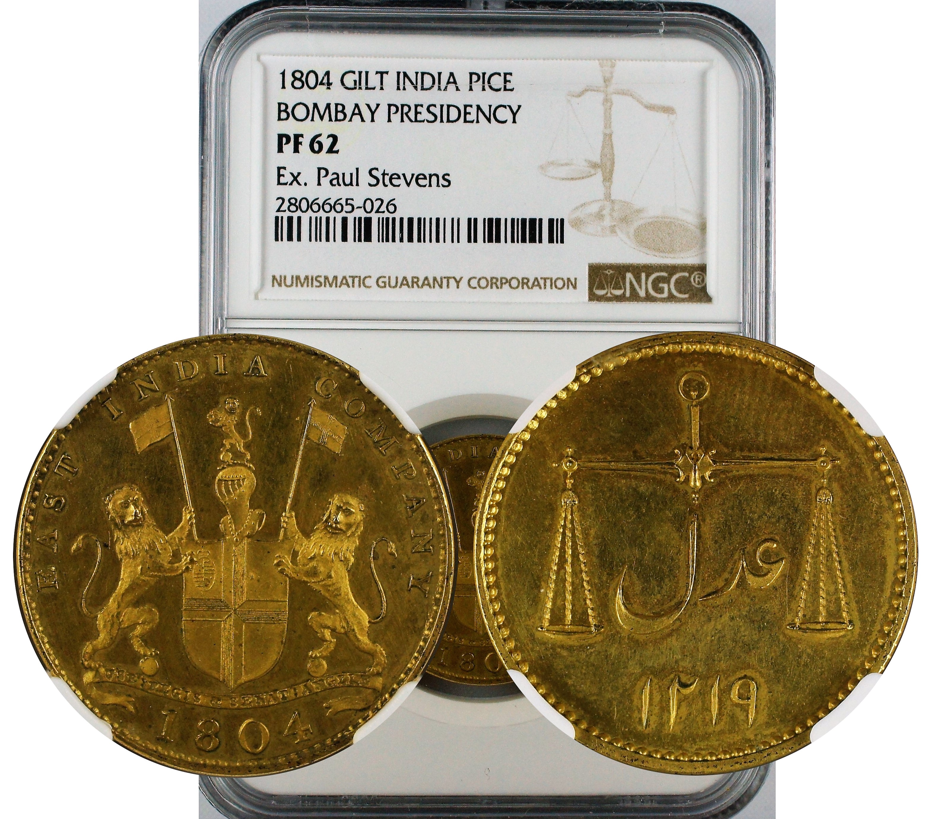 India Bombay Presidency 1804 Gilt Proof Pice NGC PF62