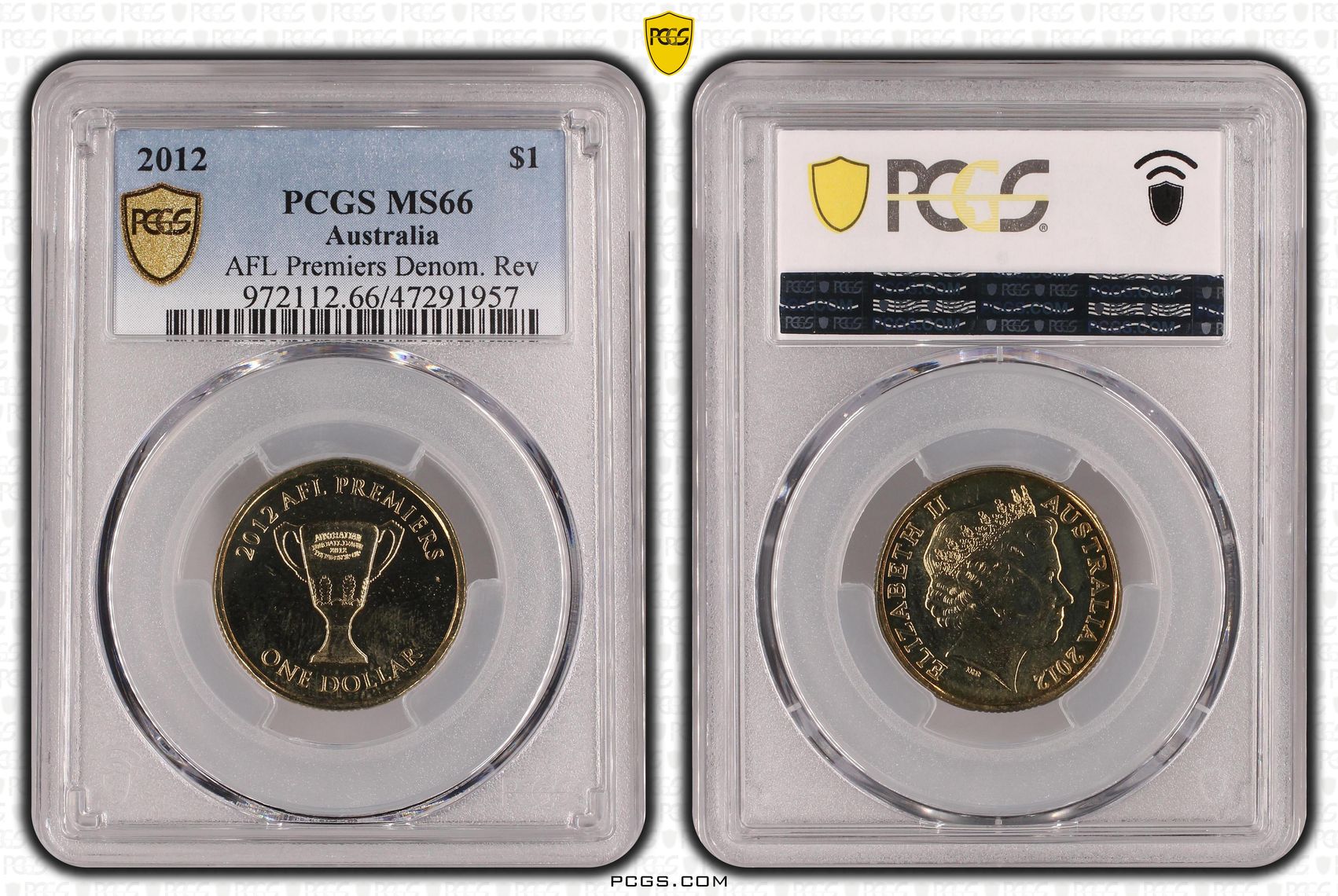 AFL Premiers Denom. Rev, One Dollar, 2012, PCGS MS 66