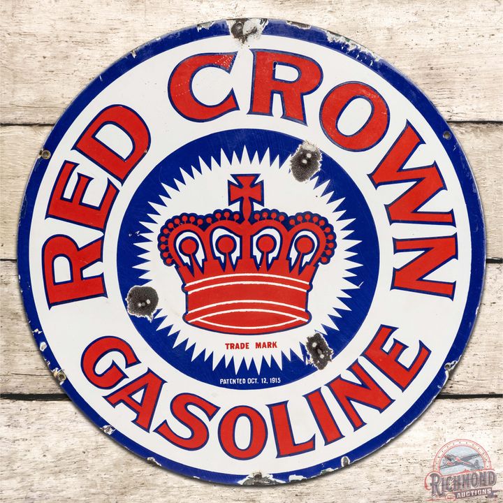 24" Red Crown Gasoline SS Porcelain Sign w/ Logo