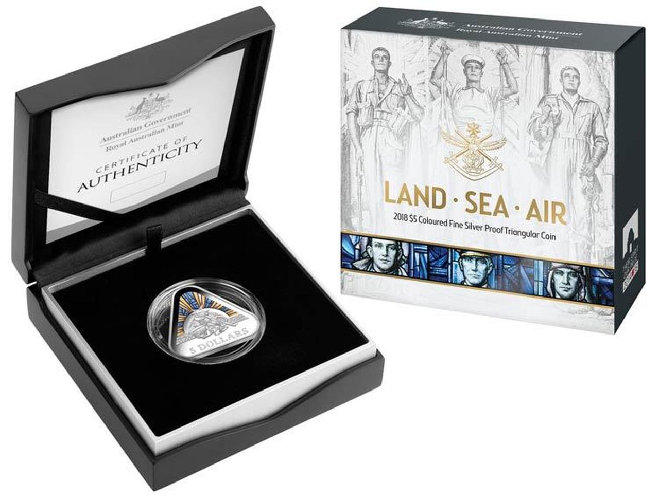 2018 Royal Australian Mint $5 Coloured Land Sea Air Silver Proof Triangular Coin